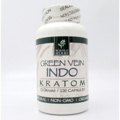 Whole Herbs - Green Vein INDO Kratom Capsules - Natural | Non-GMO | Organic (120ea)